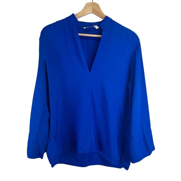 Zara Long Sleeve Royal Blue Deep V Neck Slit Blouse Womens Small Flowy Boxy - Picture 1 of 14